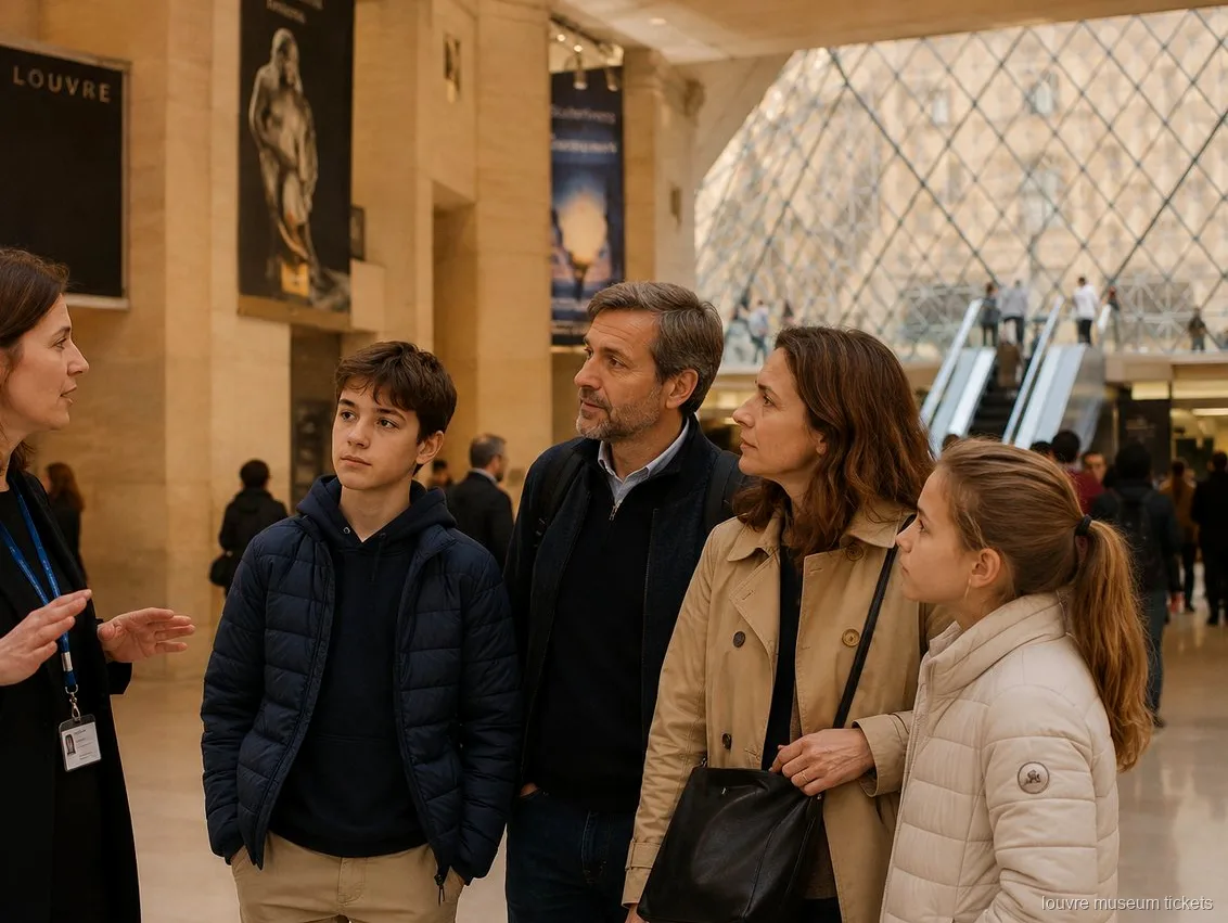 Guide taler med en familie med to teenagere under glaspyramiden i Louvre, start på turen med Louvre billetter