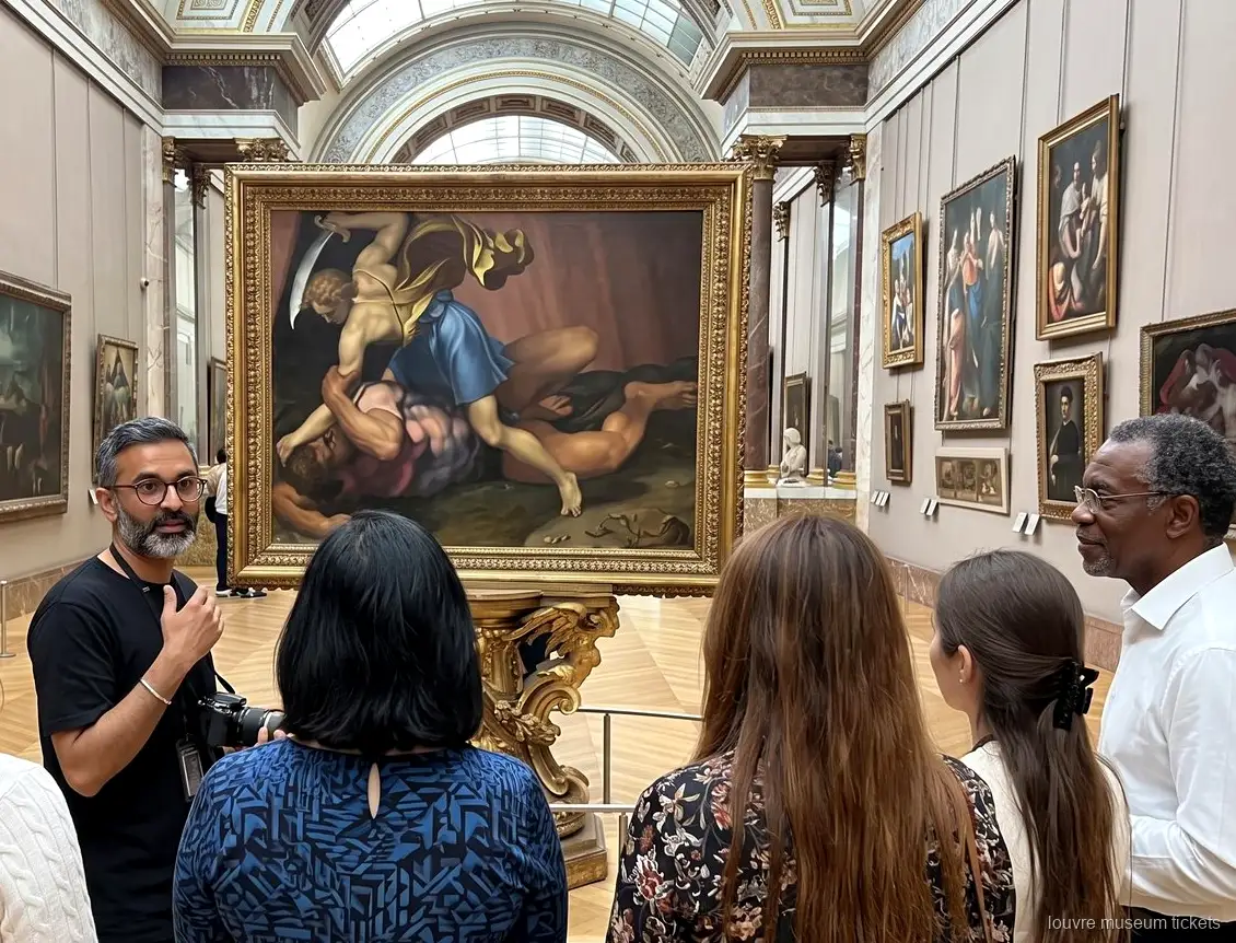 Small group listening in front of a large gilt framed painting in a skylit gallery, visit with Louvre Museum tickets