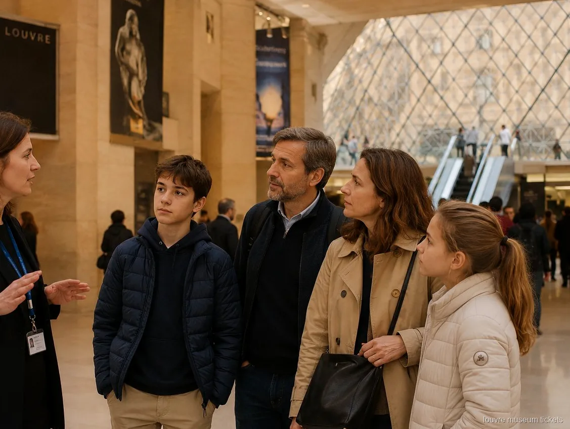 Cam piramidin altında iki genç ve ebeveynleriyle konuşan rehber, Louvre Müzesi biletleri ile başlayan aile ziyareti