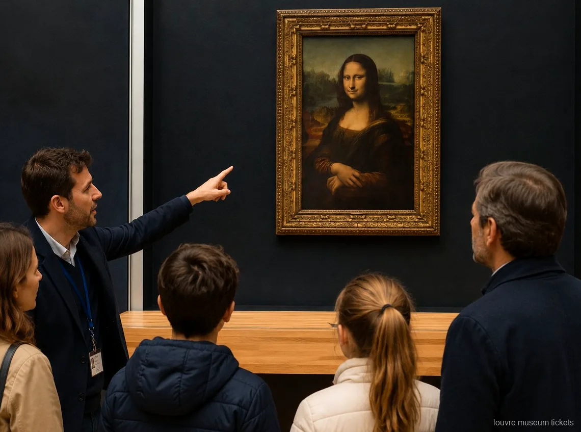 Özel turda çocuklu bir aileye Mona Lisa tablosunu gösteren rehber, Louvre Müzesi biletleri ile ziyaret
