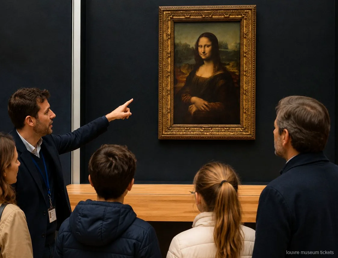 Guida che indica la Monna Lisa a una famiglia con bambini in una visita privata con biglietti Museo del Louvre