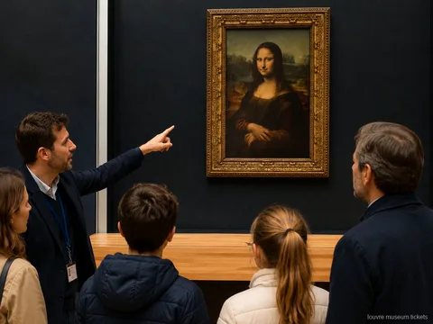 Guide montrant la Joconde à une famille avec enfants lors d'une visite privée avec billets musée du Louvre
